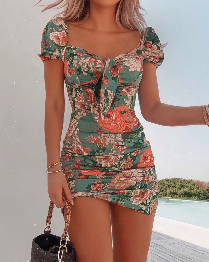blue dress for baby girl Bryana Puff Sleeve Floral Dress-Green Floral Xs main image 1