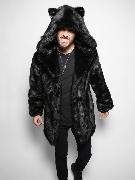 Hypersku Men's Faux Fur Coat with Bear Ears Black / XL