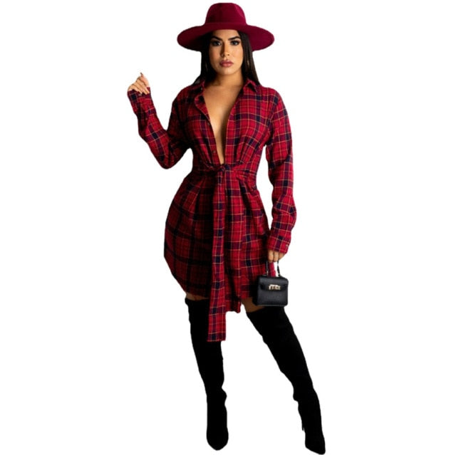 Plaid Print Button Up Long Sleeve Shirt Dress Red / S