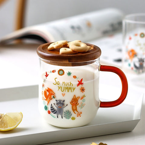 Cute Animals Glass Mug with Wooden Lid