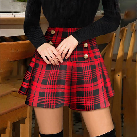 Red Plaid Button High Waist Mini Skirt
